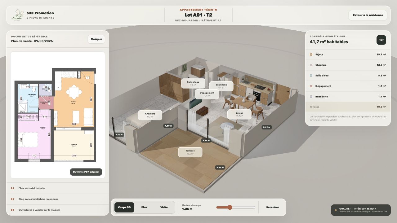 Coupe 3D meublée d’un appartement avec son plan et ses surfaces