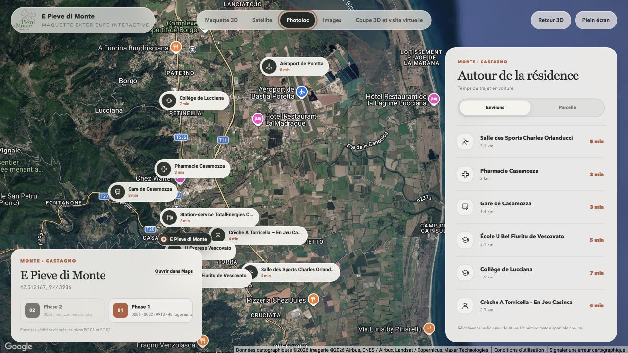Carte Photoloc avec les points d’intérêt et temps de trajet autour de la résidence