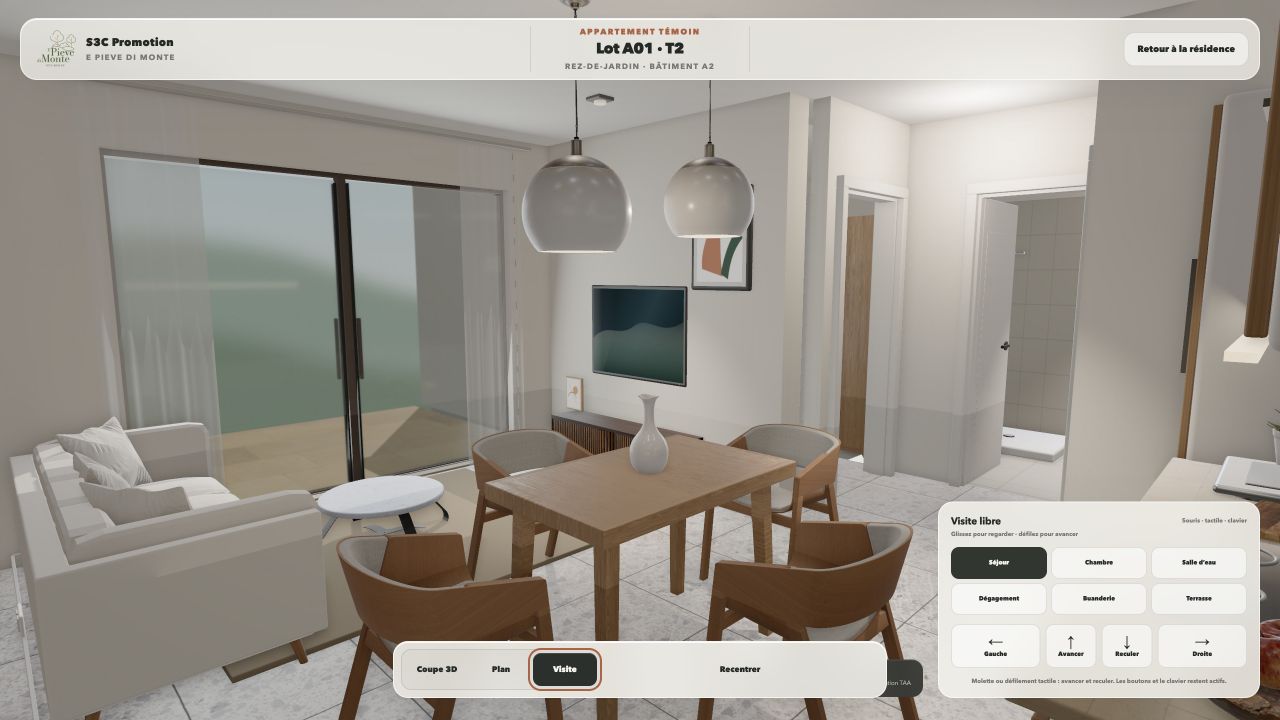 Visite virtuelle à hauteur humaine dans le séjour d’un appartement témoin